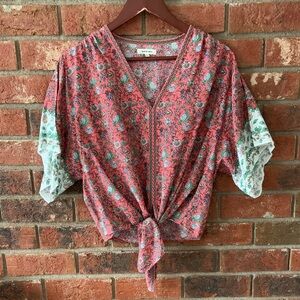 Max Studio Kimono Pink White Floral Print Tie-Front Boho Blouse